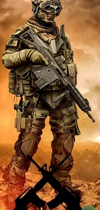 This phone wallpaper showcases a digital art depiction of a determined soldier standing atop a mountain holding a rifle
