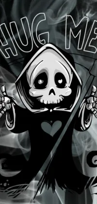 This phone live wallpaper captures a black and white drawing of a skeleton holding a scythe