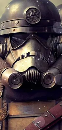 This mobile live wallpaper features digital art of a group of soldiers donning gas masks in a steampunk dystopian setting