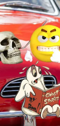 This live phone wallpaper features a spooky cartoon skull bouncing along with other stickers on a red 80s sports car