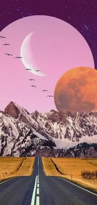 Experience the beauty of nature with this live wallpaper featuring a winding road amidst majestic mountains surrounded by a stunning sky with twinkling stars and a pink moon