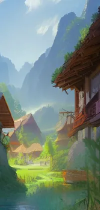 This magnificent phone live wallpaper portrays a breathtaking mountain village in a stunning painting