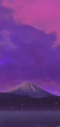 This phone live wallpaper showcases a stunning purple sky background, featuring a striking mountain in the distance - Mount Fuji