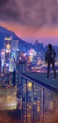 This live wallpaper depicts a stunning city skyline viewed from a high-altitude perspective at night