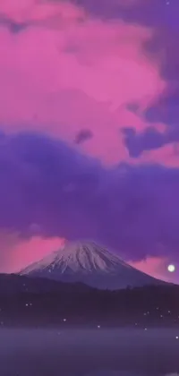 This live wallpaper for your phone boasts a stunning sky in shades of pink and purple, complemented by a majestic mountain range in the background