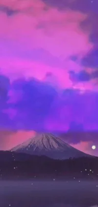 This live wallpaper features a purple sky with a towering mountain and volcanic setting, along with clouds, whirlwinds, and a crescent moon