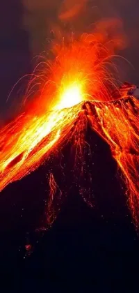 This stunning live wallpaper displays a close-up shot of a mountain and volcano, with blazing fire and glowing lava