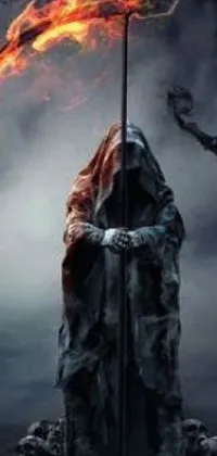 This gothic live wallpaper features a dark and eerie scene of a hooded killer holding a cane in the foreground
