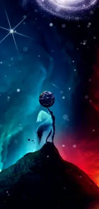 This live wallpaper portrays a man standing on a hill beside a colorful galaxy in a space art style, utilizing blue, green, and red tones
