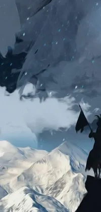 This live phone wallpaper is a dark and captivating anime-inspired image featuring a sorcerer riding on top of a snow-covered mountain on a majestic horse