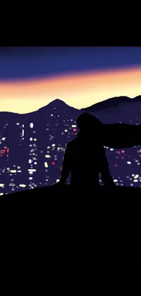 This <a href="/">live wallpaper</a> depicts a man holding a surfboard on a hill in front of a city silhouette on a future Tokyo night