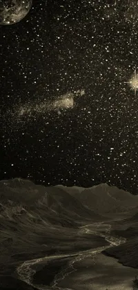 This stunning live wallpaper depicts an intricate black and white engraving of the night sky with distant mountains visible in the background