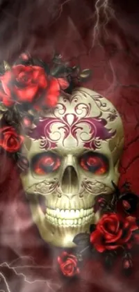 This phone live wallpaper showcases a skull embellished with striking red roses and posed against a backdrop of electrifying lightning