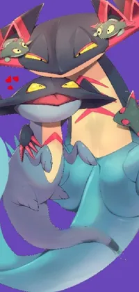 This phone live wallpaper showcases a group of Pokemon arranged in a pyramid formation, with a playful lizard-like character sticking out its tongue