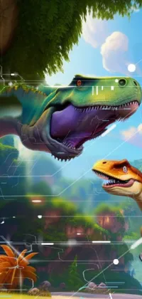 This phone live wallpaper showcases two cute dinosaurs standing on a lush green field in a 3D cartoon style