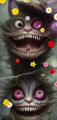 This Gothic phone live wallpaper features two cats sitting on top of each other with piercing eyes and an eerie toothy grin