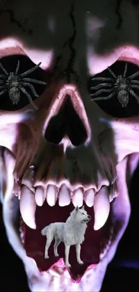 This phone live wallpaper features a close-up digital rendering of a menacing horned skull in underlit detail