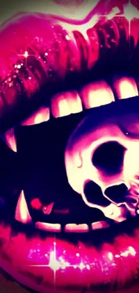 This mobile wallpaper displays a close-up of a spooky mouth with a skull on it, designed in a striking and eerie graphic style