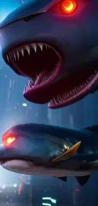 If you're looking for a cool and edgy live wallpaper for your phone, look no further than this stylized urban fantasy artwork featuring two futuristic sharks