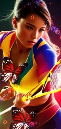 This live wallpaper for smartphones showcases a digital portrait of a young woman holding a tennis racket in her hand