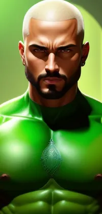 This phone live wallpaper showcases a digital painting of a muscular male hero in a green suit