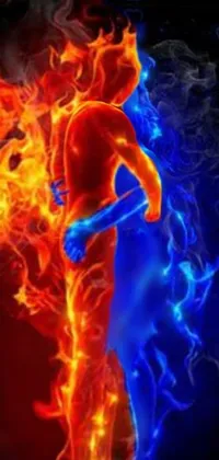 This phone live wallpaper showcases a conceptual art scene of a couple in a loving embrace in front of an orange fire and blue ice duality background