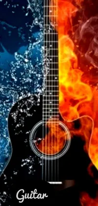 This live wallpaper depicts a close-up of a guitar on fire, featuring an album cover design by Elena Guro