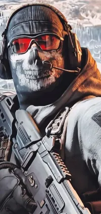 This phone live wallpaper showcases a striking digital art of a gun-wielding spec-ops head with a mask against a snowy background
