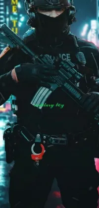 This live wallpaper features a powerful cyberpunk scene with a police officer holding a rifle