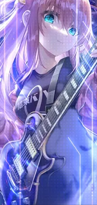 This phone live wallpaper showcases a girl with long pink hair who is holding an electric guitar against the backdrop of an album cover