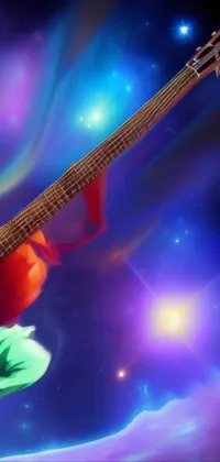 This live wallpaper features a frog playing a guitar while floating in space