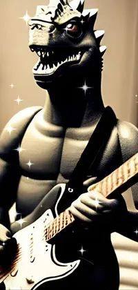 This phone live wallpaper boasts a visually stimulating composition featuring a toy guitar with intricate details, a unique statue, and a diverse collage of Tumblr-inspired imagery