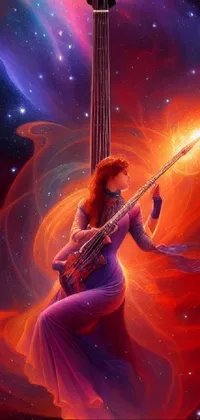 This phone live wallpaper features an intricate digital art painting of a woman playing a guitar, set against a stunning backdrop of a vivid galaxy