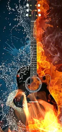 This phone live wallpaper features a blazing guitar on a black background with water splashes around it