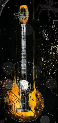 This stunning phone live wallpaper features a drawing of a classic guitar and vibrant music notes emanating from its sound hole