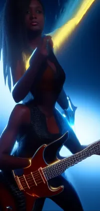 Get a captivating phone live wallpaper of a woman playing a bass guitar onstage in an afrofuturistic setting