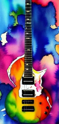 This live phone wallpaper features a stunning close-up of a guitar on a colorful background, painted in a vibrant and high-contrast style reminiscent of an airbrush painting