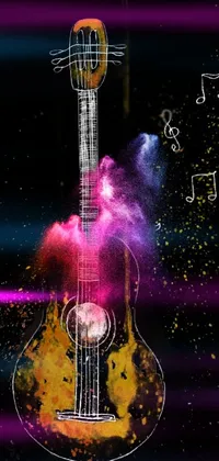 Introducing a phone live wallpaper that showcases a captivating drawing of a guitar with musical notes bursting out of its strings