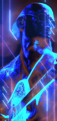 This live wallpaper features a psychedelic digital rendering of a musician wearing a gas mask and playing a guitar