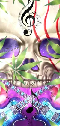 This live wallpaper showcases a fierce skull decorated with a guitar and roses