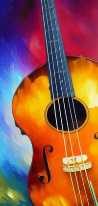 This live phone wallpaper showcases a gorgeous painting of a violin and acoustic guitar on a wooden table, reminiscent of neo-fauvism