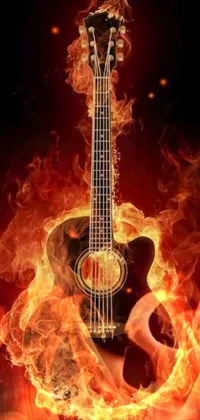 This phone live wallpaper features a striking digital art image of a flaming guitar against a black background