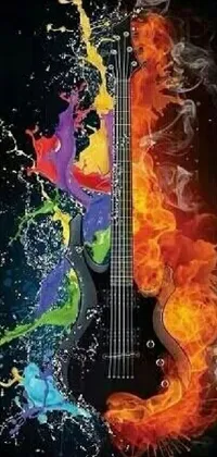 This live wallpaper features a striking image of a guitar engulfed in flames on a black background