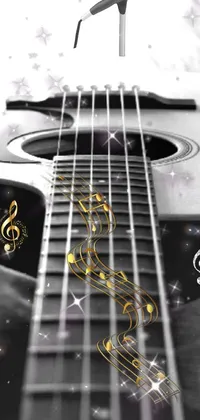 This live wallpaper features a high definition black and white photograph of a guitar resting on a bed