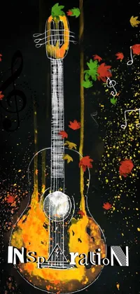 This phone live wallpaper features a stunning guitar drawing with music notes flowing from it