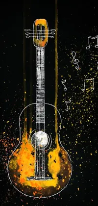 This phone live wallpaper features a vibrant drawing of a guitar with music notes emanating from it