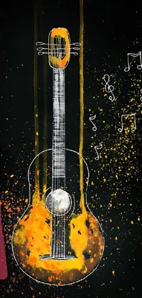This live wallpaper showcases a beautiful guitar with elegant notes flowing outwards in different directions, against a serene background image