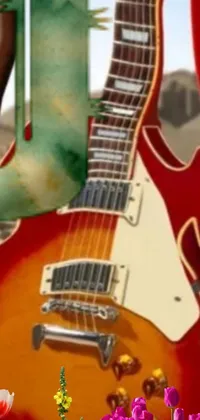 This phone live wallpaper features a stunning close up of a guitar in a flowery field