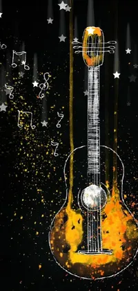This phone live wallpaper depicts a beautifully intricate guitar illustration with soaring music notes bursting forth