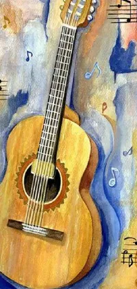 This phone live wallpaper features a bright and detailed painting of a guitar with music notes against a rustic wood print background